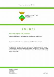 Subvenció rebuda de la Diputació de Tarragona per inversions PAM anualitat 2022