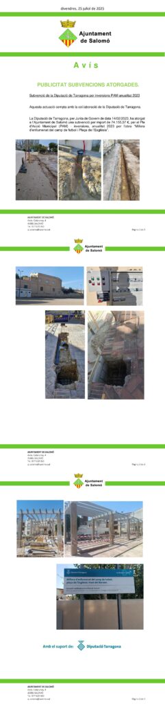Subvenció de la Diputació de Tarragona per inversions PAM anualitat 2023
